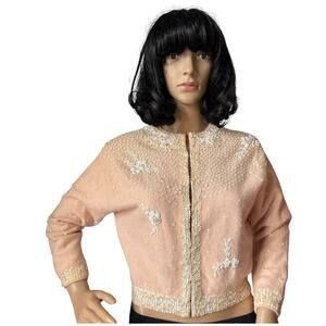 Vintage Jo Ro Imports Angora Lamb Wool Beaded Sequin pink white Cardigan small